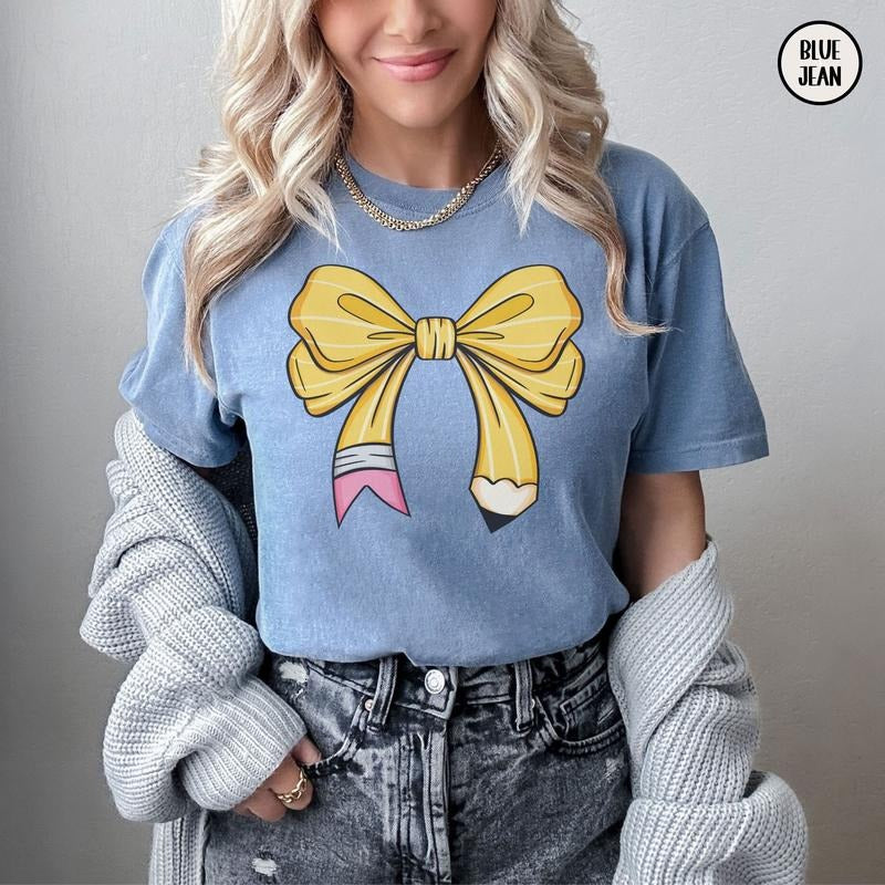 Comfort Colors Coquette Teacher Shirt, Coquette Pencil Bow T-Shirt, Trendy Back to School Tee, Appreciation Gift, Elementary Teacher Gift