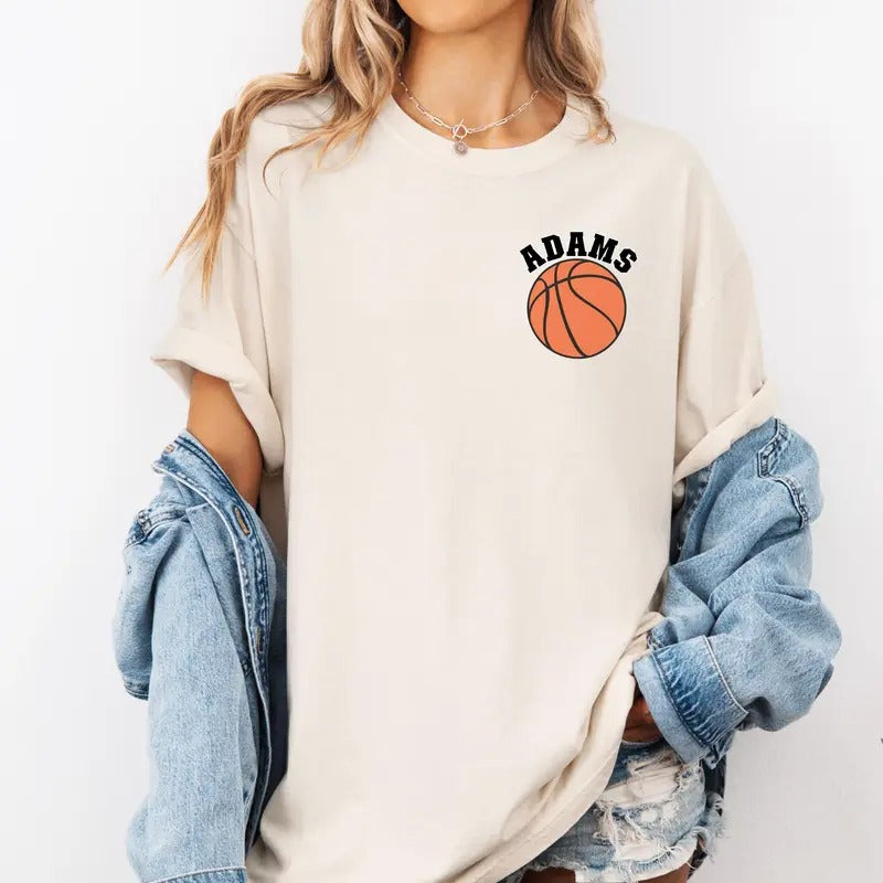 Comfort Colors Custom Name Basketball Pocket Shirt, Personalized Basketball Team Shirt, Basketball Fan Gift, Sports Mom tee