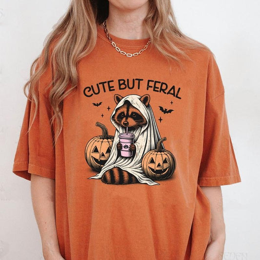 Comfort Colors Cute But Ferel Halloween Shirt, Halloween Raccoon Shirt, Raccoon Ghost T-Shirt, Funny Raccoon Shirt