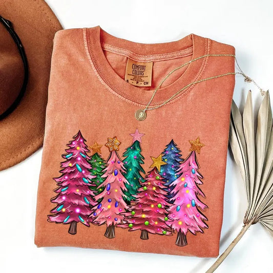 Comfort Colors Cute Christmas Tree Shirt, Cute Pink Xmas Tree T-Shirt, Christmas Gift, Xmas Gift