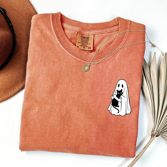 Comfort Colors Cute Ghost Black Cat Shirt, Cute Halloween Shirt, Gift For Halloween, Fall Shirt, Cat Lover Gift