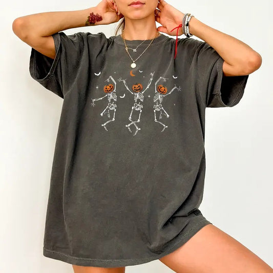 Comfort Colors Dancing Pumpkin Skeleton Shirt, Spooky Skeletons Halloween Tshirt, Funny Dancing Skeleton Shirt, Happy Halloween Party Tee, Spooky Season Shirt, Oversized Women's Tops, Fall Autumn Casual Womenswear, Comfort Cotton Fabric Relaxed Top
