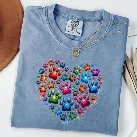 Comfort Colors Dog Paw Print T-Shirt, Colorful Paw Heart Shirt, Dog Mama Shirt, Unisex T-Shirt