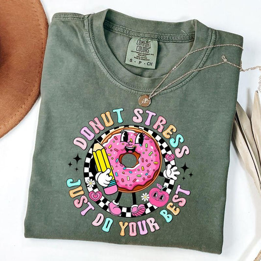 Comfort Colors Donut Stress Just Do Your Best Teacher Shirt , Retro Checkered Donut Shirt, Teacher Shirt, Unisex T-Shirt