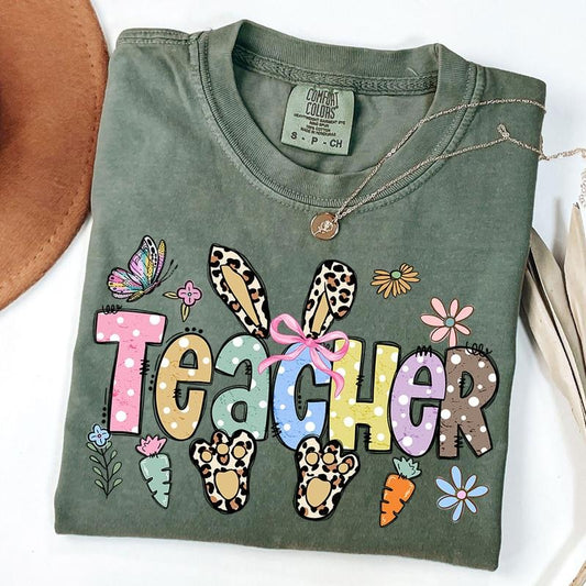 Comfort Colors Easter Teacher Bunny Shirt, Bunny Leopard Shirt, Teacher Life Easter Shirt, Teacher Daisy T-Shirt, School Easter Tee, Unisex T-Shirt