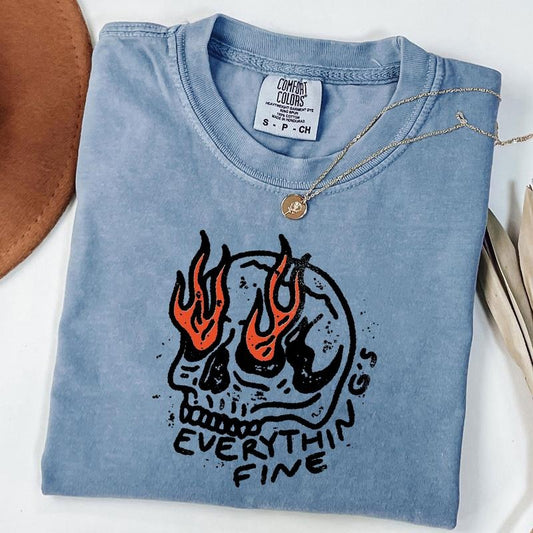 Comfort Colors Everything Is Fine Shirt, Skull on Fire T-Shirt, Boho Vintage Tee, Gift for Him, Unisex T-Shirt