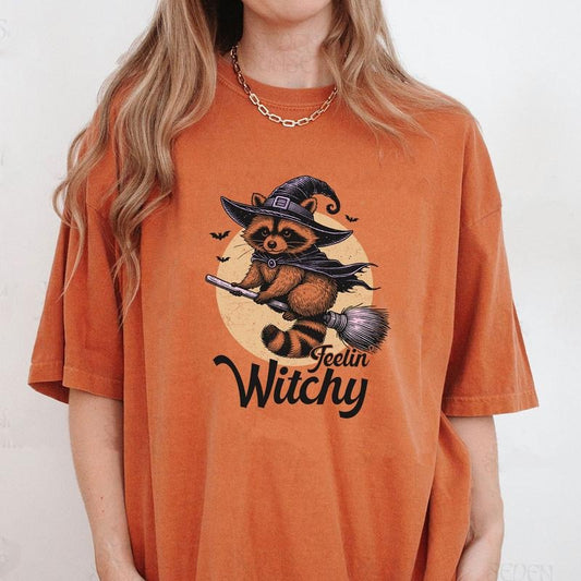 Comfort Colors Feelin Witchy Shirt, Halloween Raccoon T-Shirt, Raccoon Witchy T-Shirt, Funny Raccoon Shirt