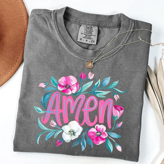 Comfort Colors Floral Amen T-Shirt, Retro Amen Shirt, Bible Verse Tee, Unisex T-Shirt
