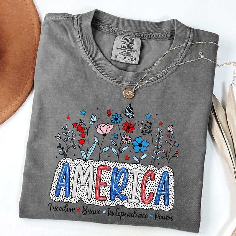 Comfort Colors Floral America Tee, Patriotic T-Shirt, 4th Of July Shirt, Unisex T-Shirt
