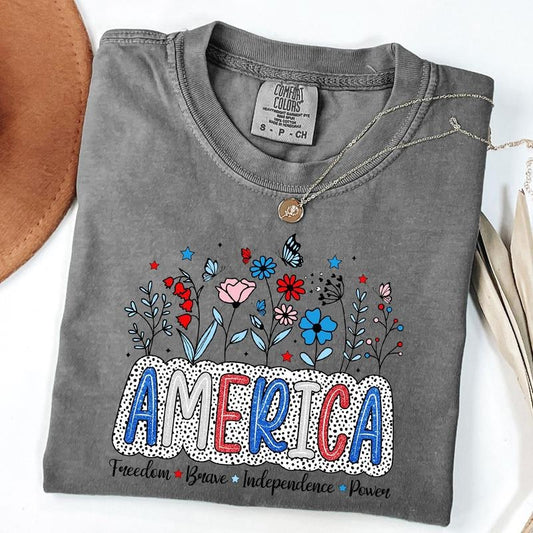 Comfort Colors Floral America Tee, Patriotic T-Shirt, 4th Of July Shirt, Unisex T-Shirt