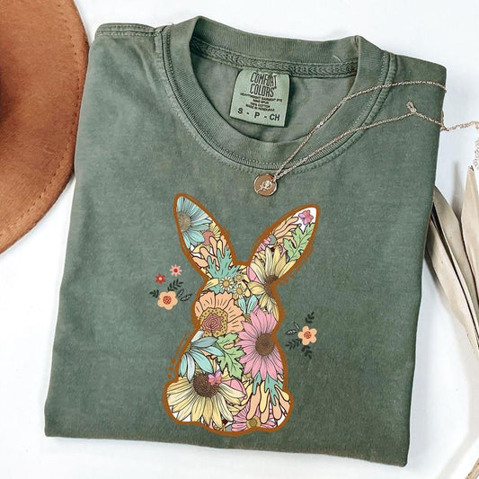Comfort Colors Floral Bunny Shirt, Trendy Bunny Women's Tee, Spring Floral Bunny Tee, Retro Easter T-shirt, Gift For Her, Unisex T-Shirt
