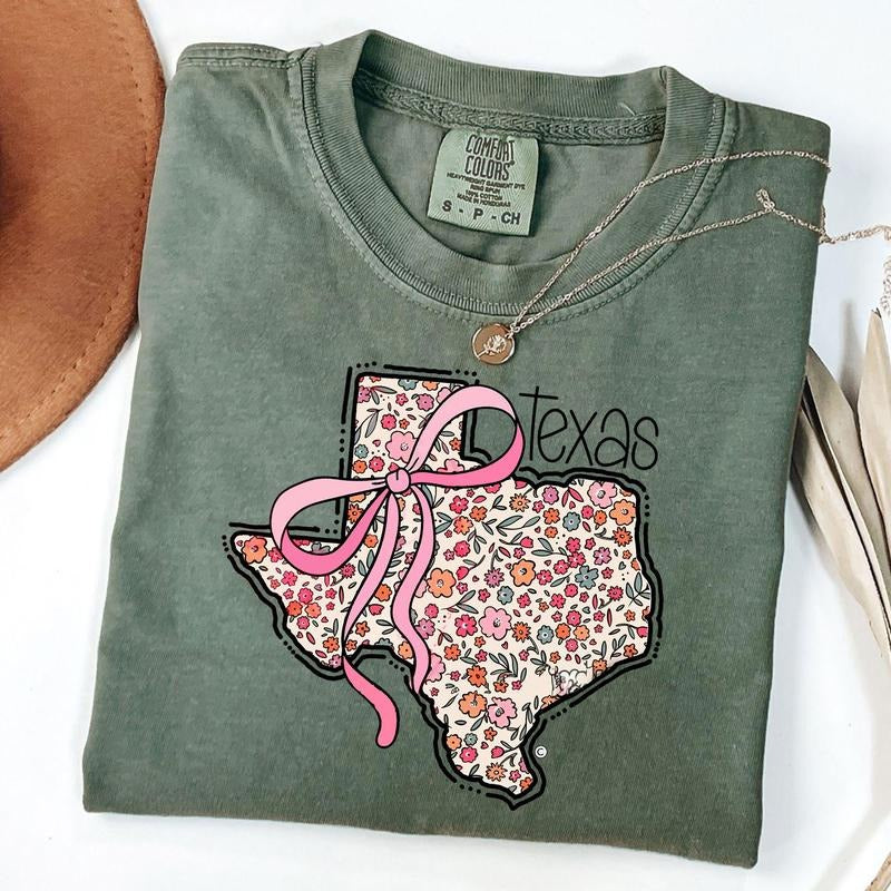 Comfort Colors Floral Coquette Texas Shirt, Coquette Bow State T-Shirt, Trendy Girly Tee, Gift For Her