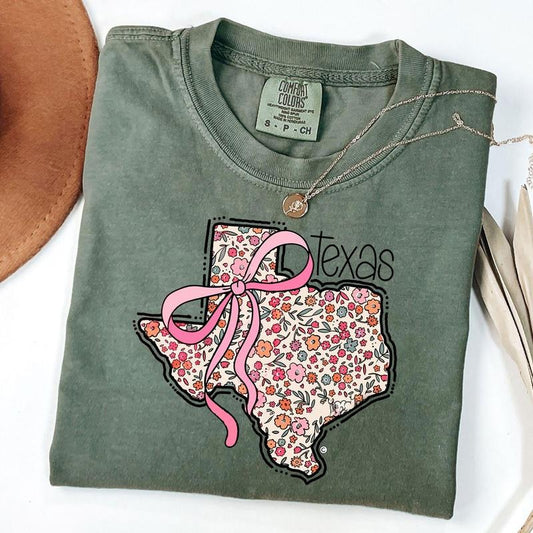 Comfort Colors Floral Coquette Texas Shirt, Coquette Bow State T-Shirt, Trendy Girly Tee, Gift For Her
