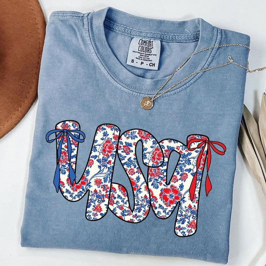 Comfort Colors Floral Coquette USA Shirt, Retro America T-Shirt, 4th Of July Gift, Patriotic Tee, Coquette Bow Shirt