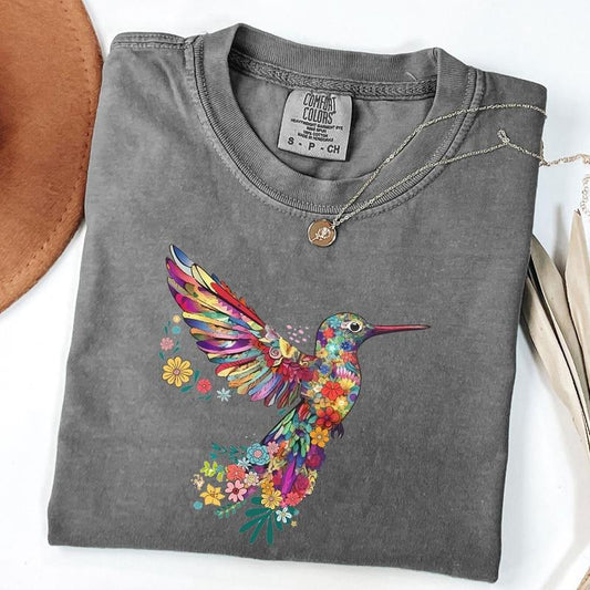 Comfort Colors Floral Hummingbird Shirt, Animal Lover Tee, Bird Shirt, Gift For Her, Bird Lover T-Shirt, Spring Birds, Unisex T-Shirt