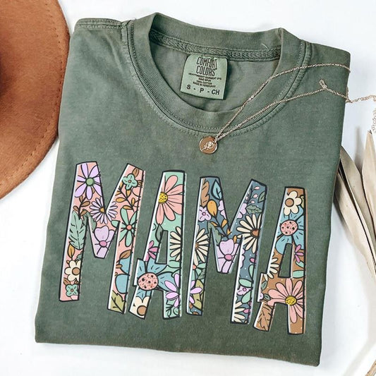 Comfort Colors Floral Mama Shirt for Mom, Mothers Day Gift for New Mom, Mom Birthday Gift Motherhood T-Shirt, Unisex T-Shirt