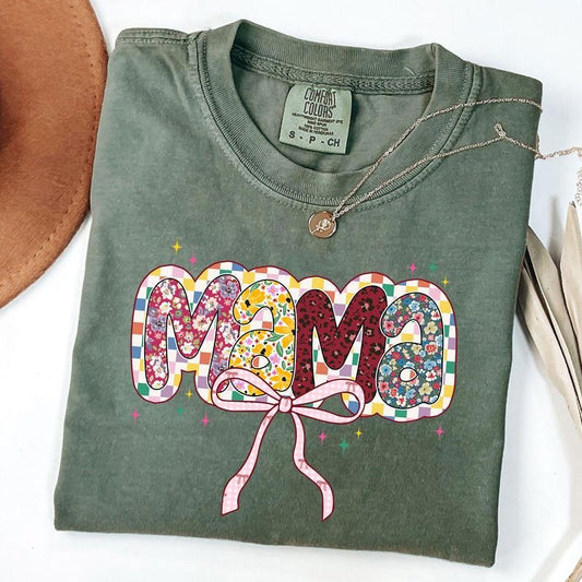 Comfort Colors Floral Mama Shirt, Checkered Mama Coquette Tee, Retro Boho Floral Mama T-Shirt
