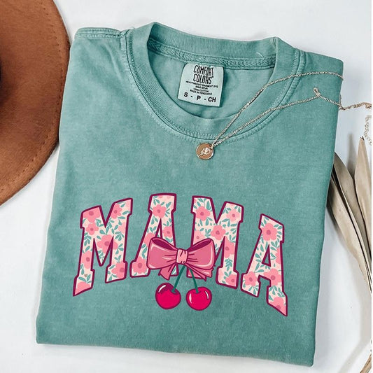 Comfort Colors Floral Mama Shirt, Cherry Bow Coquette Mama Shirt, Trendy Mom Tee,Gift for New Mom