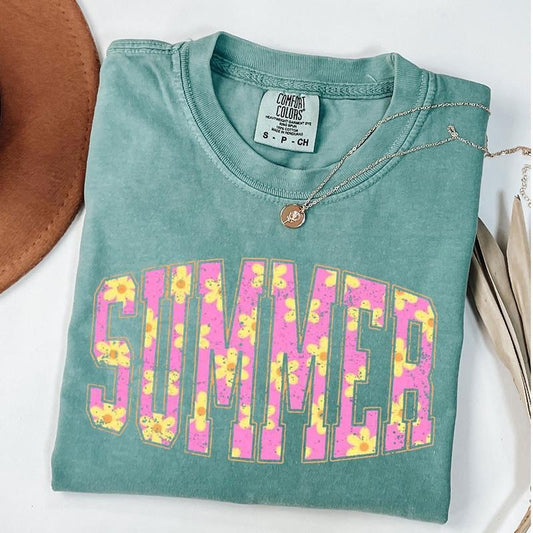 Comfort Colors Floral Summer Tee, Varsity Summer Shirt, Trendy Summer T-Shirt, Retro Flowers Tee