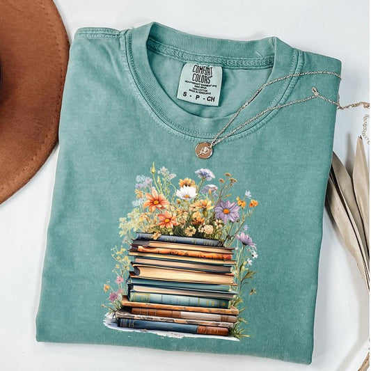 Comfort Colors Flower Book Shirt, Boho Wildflowers Bookish Shirt, Cottagecore T-shirts, Teacher Tee, Librarian Gift