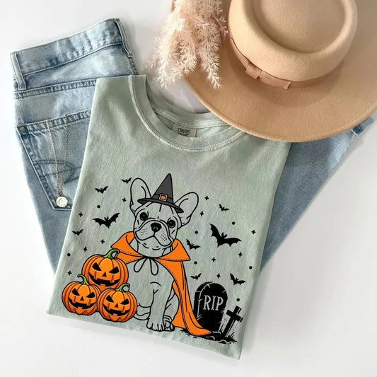 Comfort Colors French Bulldog Halloween Shirt | Spooky Frenchie Witch T-Shirt | Pumpkin Frenchie Dog Tee | Funny Halloween Dog Lover Gift | Frenchie Shirt