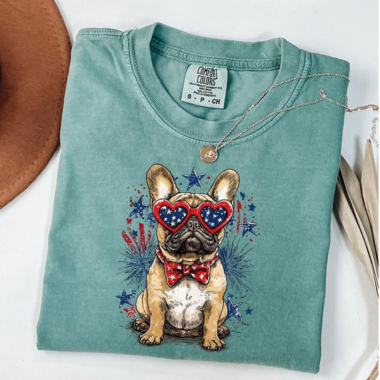Comfort Colors French Bulldog Shirt, Patriotic Dog Shirt, Fourth Of July Dog T-Shirt, Dog Wearing Stars And Stripes Bow, Unisex T-Shirt
