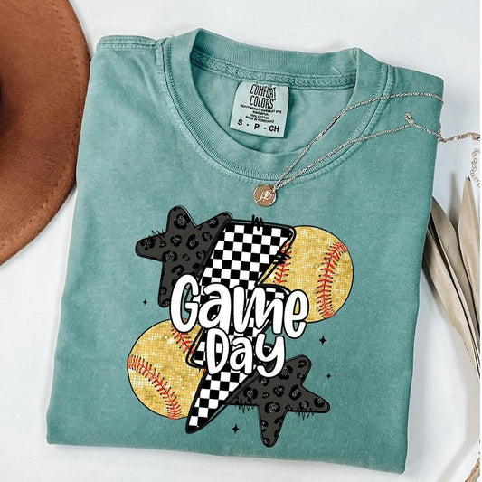 Comfort Colors Game Day Softball Shirt, Retro Checkered Softball T-Shirt, Softball Mom Shirt