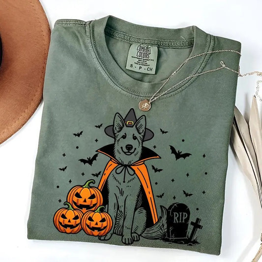 Comfort Colors German Shepherd Halloween Shirt | Spooky GSD Witch T-Shirt | Pumpkin GSD Dog Tee | Funny Halloween Dog Lover Gift | Fall Shepherd Shirt