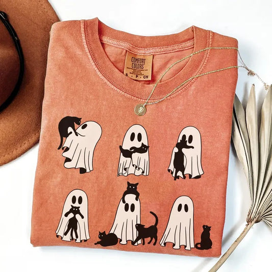 Comfort Colors Ghost Cat Shirt, Cute Cat Lovers Shirt, Retro Ghost Halloween, Halloween Cat Shirt, Spooky Season Gift