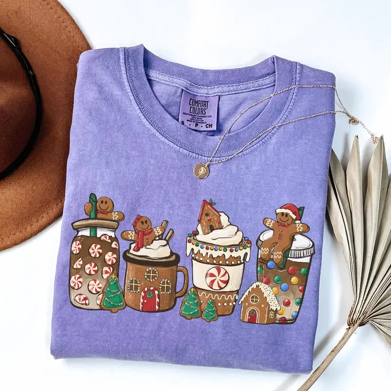 Comfort Colors Gingerbread Christmas Coffee Shirt, Cute Christmas Coffee Lover Gift, Retro Womens Christmas Gift