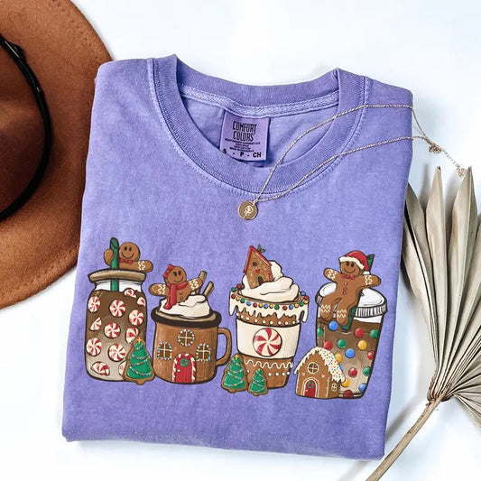 Comfort Colors Gingerbread Christmas Coffee Shirt, Cute Christmas Coffee Lover Gift, Retro Womens Christmas Gift