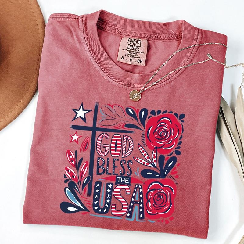 Comfort Colors God Bless The USA Shirt, Retro 4th Of July T-Shirt, Patriotic, American, USA, Independence Day Floral Shirt, Unisex T-Shirt