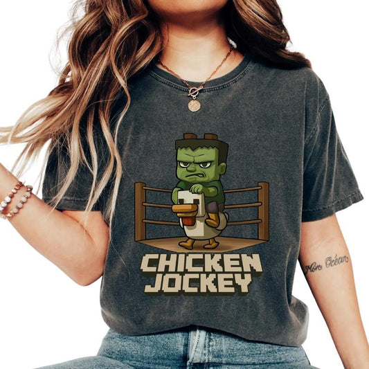Comfort Colors Graphic Chicken Jockey T-Shirt, Casual Oversized Style for Gamers & Trendsetters, Comfortable Womenswear Tee, Ultra Soft Cotton Tee, Everyday Casual Wear