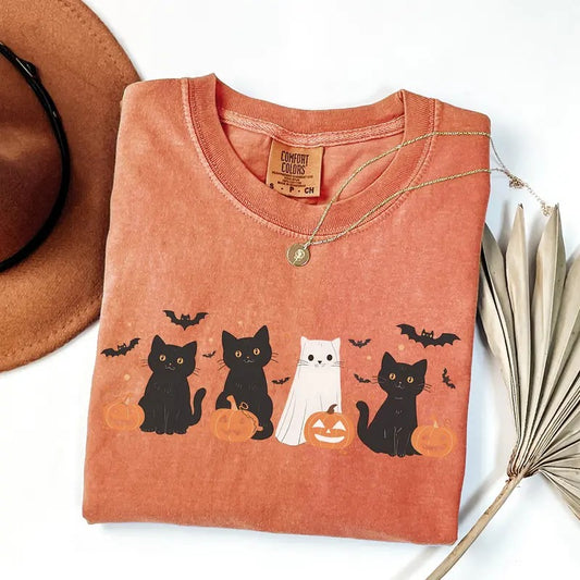 Comfort Colors Halloween Cat Shirt, Ghost Shirt, Ghost Cat Shirt, Happy Halloween,Retro Spooky Season, Black Cat Shirt