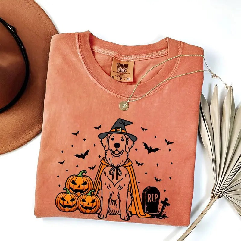 Comfort Colors Halloween Golden Retriever Shirt | Funny Dog Witch Costume Tee | Pumpkin Dog Shirt | Spooky Season Dog Lover Gift | Halloween Retriever Tee