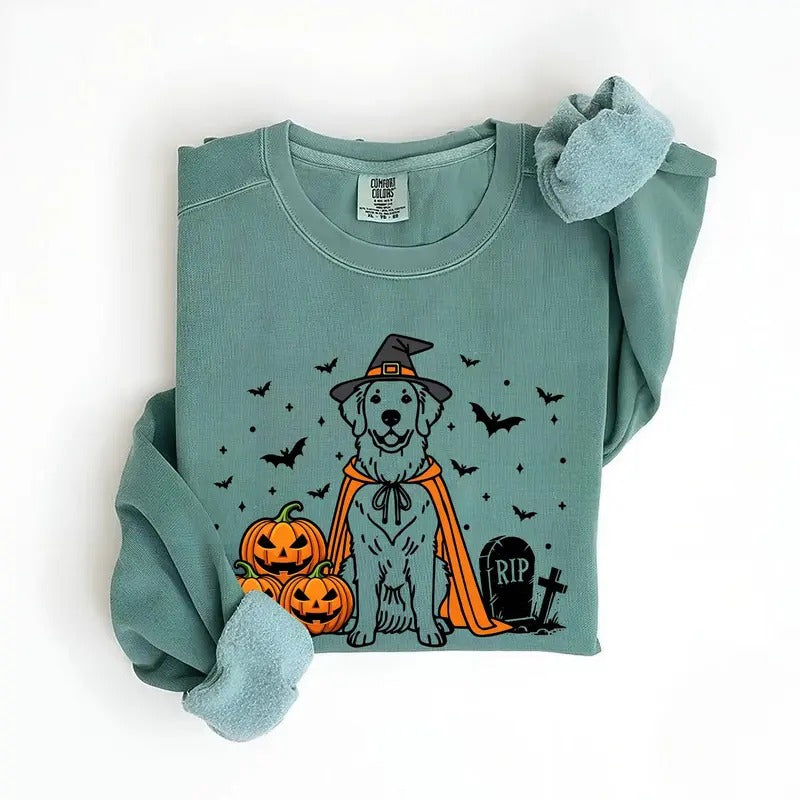 Comfort Colors Halloween Golden Retriever Sweatshirt | Funny Dog Witch Costume Sweater | Spooky Season Dog Lover Gift | Halloween Retriever Dog Sweater