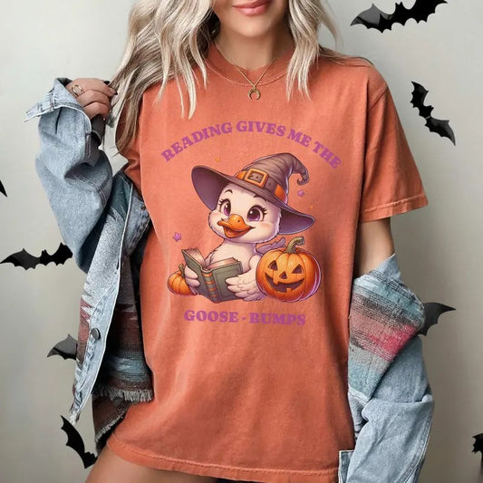 Comfort Colors Halloween Goose Reading Shirt, Witch Bird Graphic Tshirt Spooky Bookworm Fall Gift Funny Bookish Tee Book Silliness Reader Tee