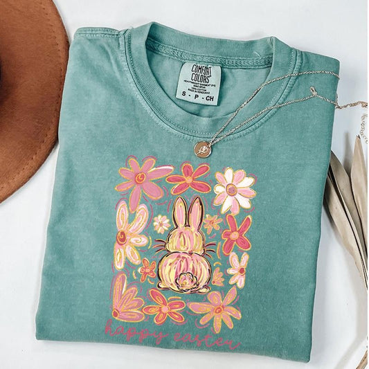Comfort Colors Happy Easter Bunny Shirt, Boho Easter Shirt, Retro Easter T-shirt, Floral Spring Tee