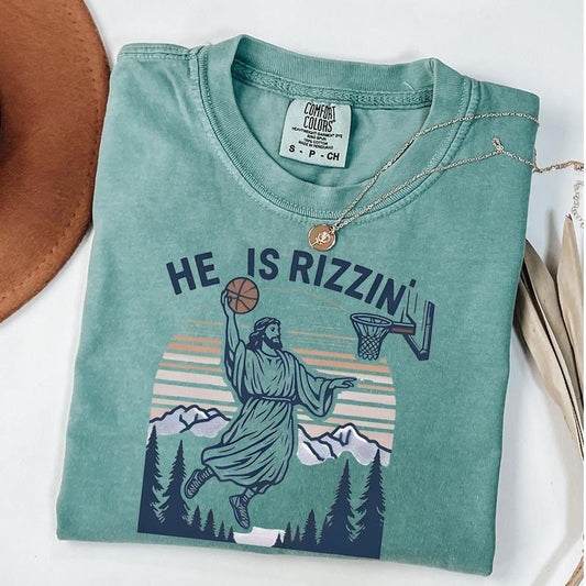 Comfort Colors He Is Rizzin' Funny Jesus Playing Basketball Shirt, Retro Christian Faith Tee, Humor Easter Shirt