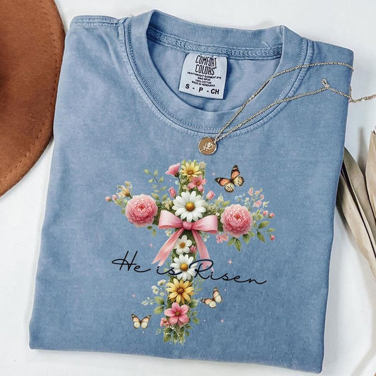 Comfort Colors He is Risen Shirt, Wildflower Shirt, Christian T-Shirt, Easter Cross T-Shirt, Jesus Easter Shirt, Unisex T-Shirt