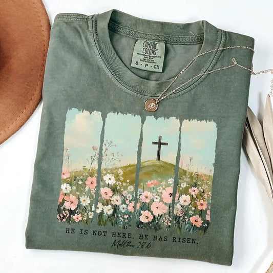 Comfort Colors He is Risen Wildflower Shirt, Matthew 28 6, Spring Easter Shirt, Vintage Easter Shirt, Christian T-Shirt, Bible Verse