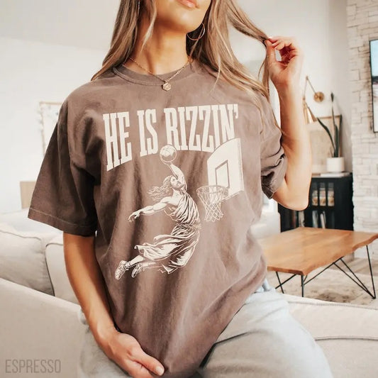 Comfort Colors He is Rizzin Tshirt, Funny Shirt of Jesus Playing Basketball, Vintage Faith Shirt, Unisex Basketball Shirt, Funny Jesus Top Womenswear