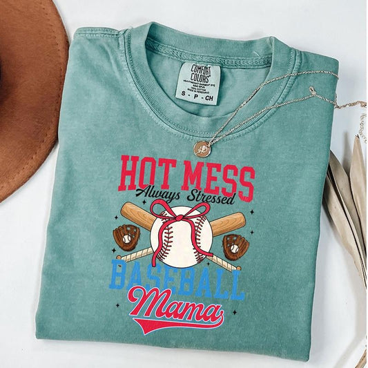 Comfort Colors Hot Mess Always Stressed Baseball Mama Shirt Gift for New Mom, Sports Mom Shirt, Baseball Mom T-Shirt, Game Day Tee