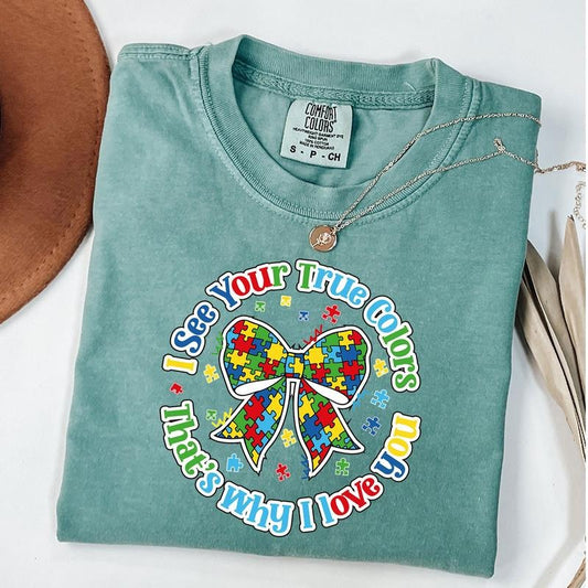 Comfort Colors I See Your True Colors Shirt, Autism Awareness Puzzle Bow Shirt, Special Education Shirt, Unisex T-Shirt