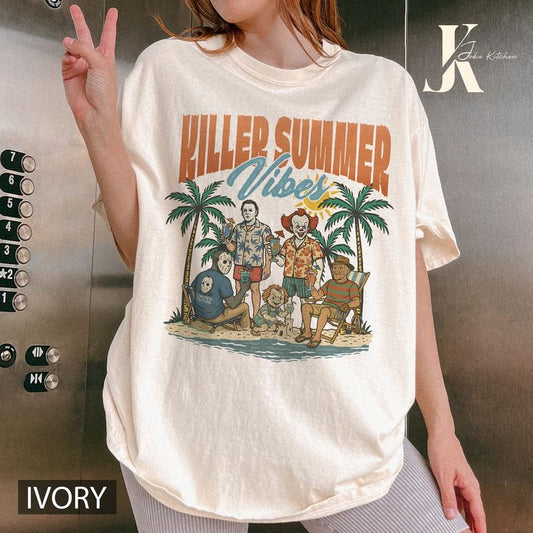 Comfort Colors Ivory Vintage 90s Halloween T-Shirt Killer Summer Vibes Movie Characters Tee for Horror Fans Cotton Top