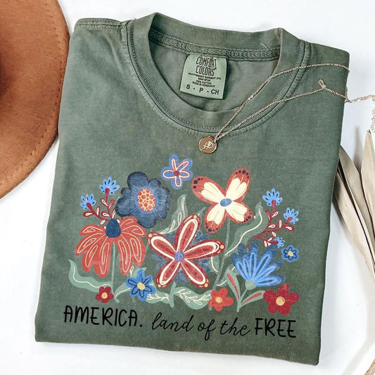 Comfort Colors Land Of The Free Shirt, Floral America T-Shirt, 4th Of July Tee, Unisex T-Shirt