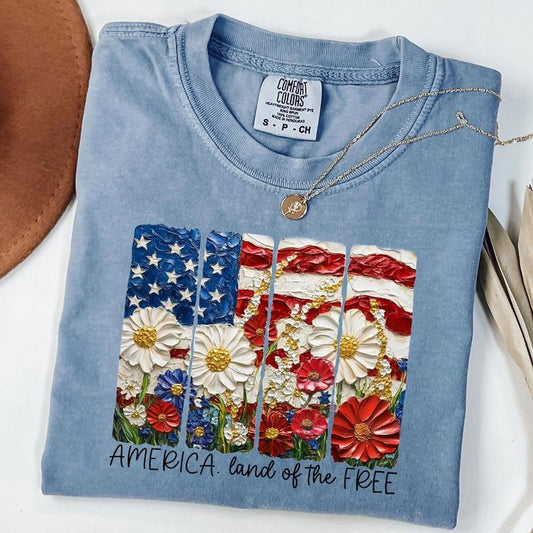 Comfort Colors Land of the Free Shirt, Floral America Brushstroke Shirt, 4th of July Shirt, Patriotic, Memorial Day, Unisex T-Shirt