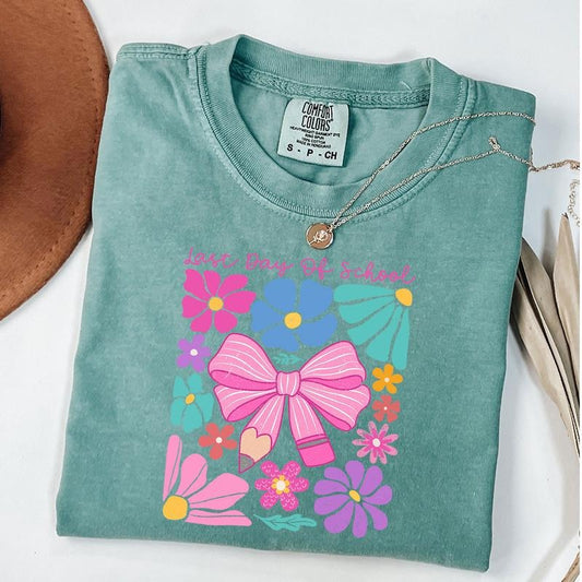 Comfort Colors Last Day Of School Tee, Pink Bow pencil Shirt, Boho Flower Teacher Tee, Unisex T-Shirt