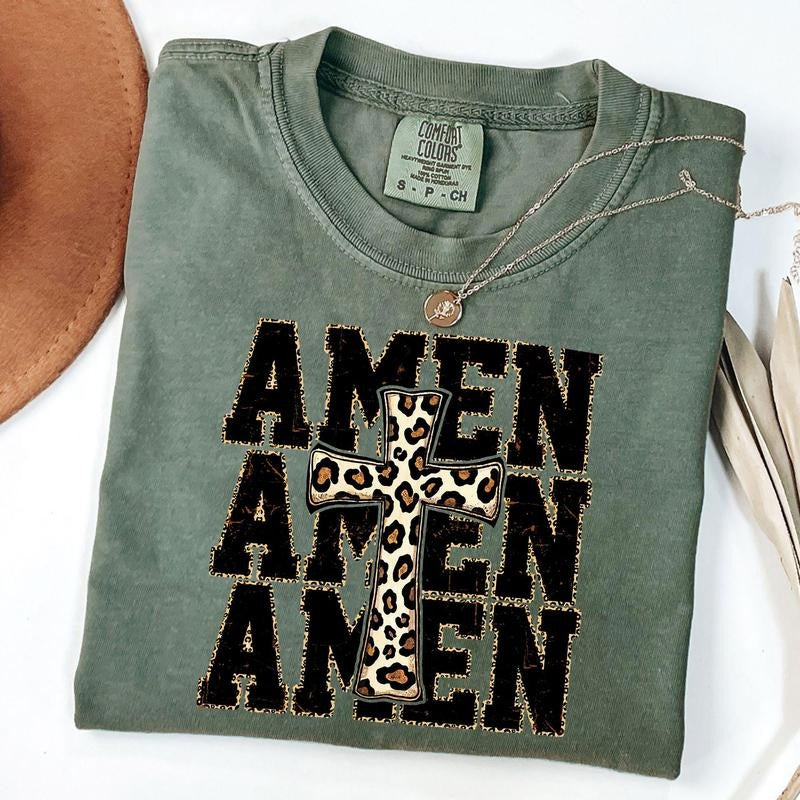Comfort Colors Leopard Amen Shirt, Leopard Cross Shirt, Faith-Based Shirt, Religious T-Shirt, Bible Verse, Unisex T-Shirt