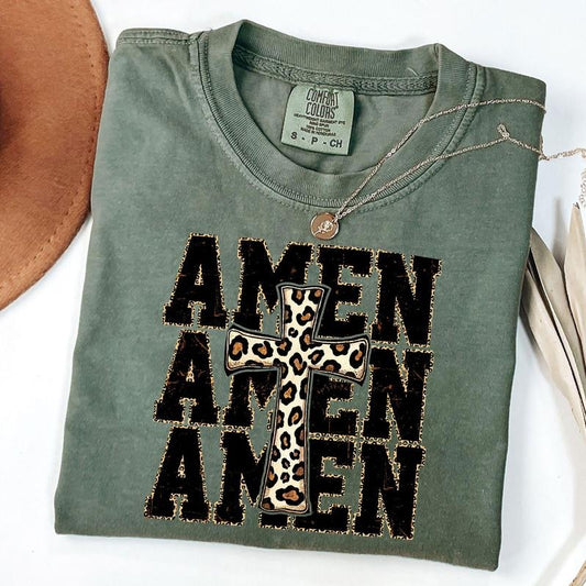 Comfort Colors Leopard Amen Shirt, Leopard Cross Shirt, Faith-Based Shirt, Religious T-Shirt, Bible Verse, Unisex T-Shirt